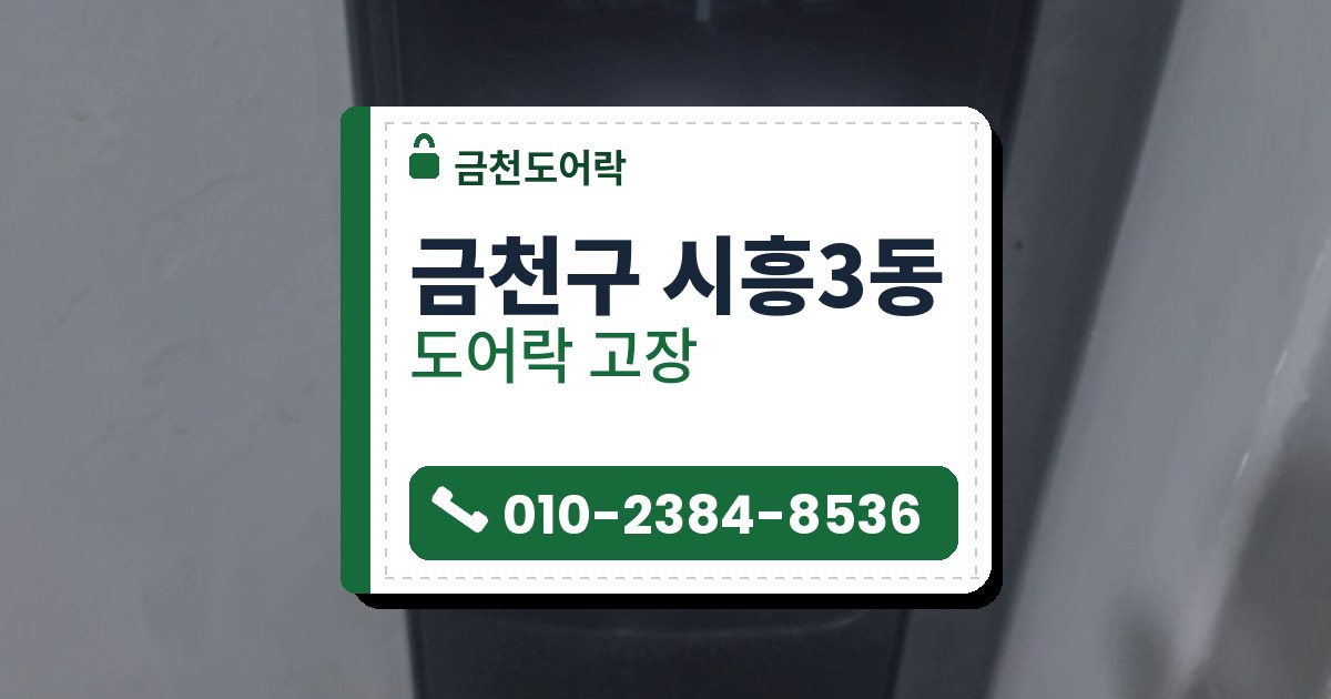 금천구 시흥3동 출장 — 연회색 문에 단 검은 레버형 도어락, 흰 불이 켜진 숫자판과 위 모서리의 파란 테이프