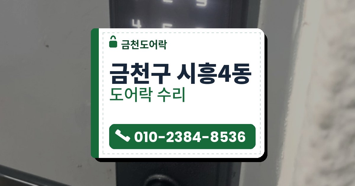 금천구 시흥4동 출장 — 회색 문에 단 검은 레버형 도어락, 하얗게 불이 켜진 숫자판과 파란 테이프